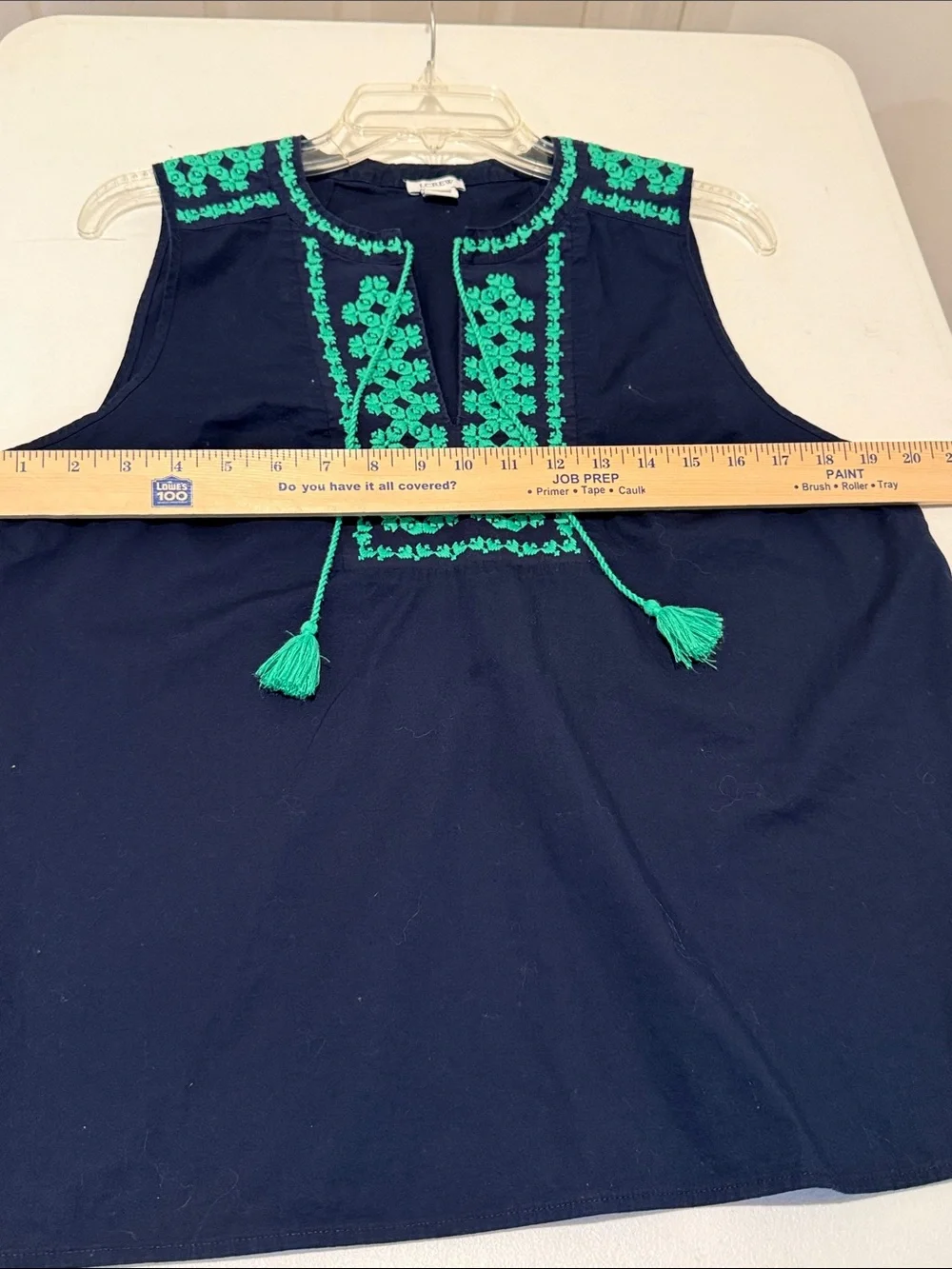 J. Crew Navy Tank Green Embroidered Front & Tassels Autumn Nautical Luncheon 10